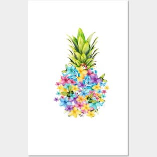 Pineapple with flowers and  butterflies, colorful and cool design pineapples Posters and Art